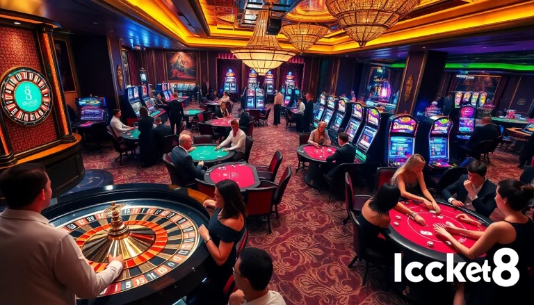 Experience the excitement of Luck8 with gamblers enjoying vibrant casino games and colorful slot machines.