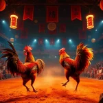 Exciting scene of dagatructiep 1 live cockfighting with dynamic action and cheering spectators.