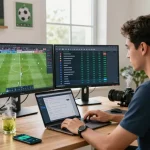 Focused man analyzing tỷ lệ kèo nhà cái trực tuyến on dual monitors in a modern home office.