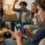 Engaged player using the Bsport app for live sports betting during a thrilling game