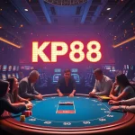 Players at KP88 poker table enjoy a thrilling casino atmosphere with vibrant colors and engaging gameplay.