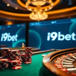 I9BET gaming scene showcasing poker chips, cards, and a roulette wheel, exuding luxury and excitement.