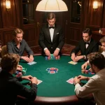 In a luxurious KJC poker room, players engage in strategic gameplay surrounded by elegant decor and ambient lighting.