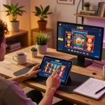 Engaged player enjoying LV88 online casino games from a stylish home setup with tablet displaying various games.