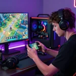 Engaged gamer focusing on downloading sunwin game on smartphone with vibrant gaming setup.