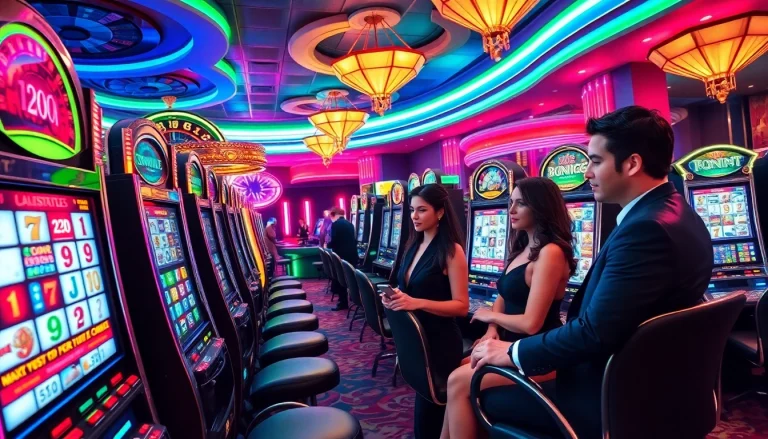 Pemain menikmati mesin slot yang menarik di lingkungan kasino mewah dengan cahaya yang cerah.