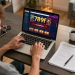 Player analyzing bets on 789f online casino interface while surrounded by strategy notes and warm lighting.
