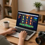 Player engaging with GG 88 online slots in a cozy home office setup, enhancing remote gambling experiences.