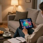 Playing online casino games at home with ww88 on tablet, cozy atmosphere with snacks and notebook.