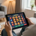 Engaging with the luckywin casino on a tablet, showcasing vibrant slot game interface in a cozy home setting