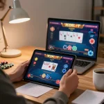 Engaging in kdslot gaming on a tablet at home, showcasing a vibrant poker interface.