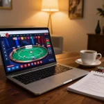 Player engaging with MK8 casino on laptop, showcasing vibrant poker game and personalized betting notes.