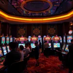 Situs Slot players engaging excitedly with vibrant machines in a luxurious casino setting.