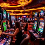 Excited players engaging with slot gacor machines at a vibrant casino.