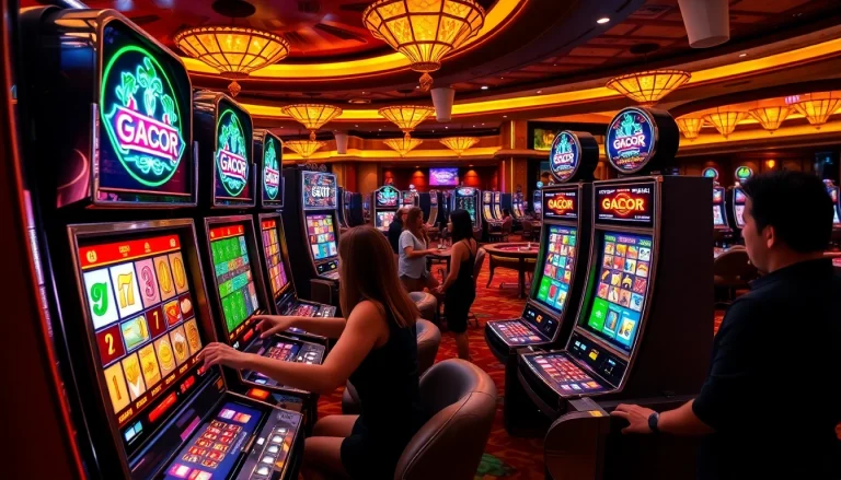 Excited players engaging with slot gacor machines at a vibrant casino.