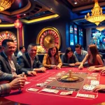 Exciting gaming scene showcasing a Nhà cái uy tín with cards, chips, and roulette.