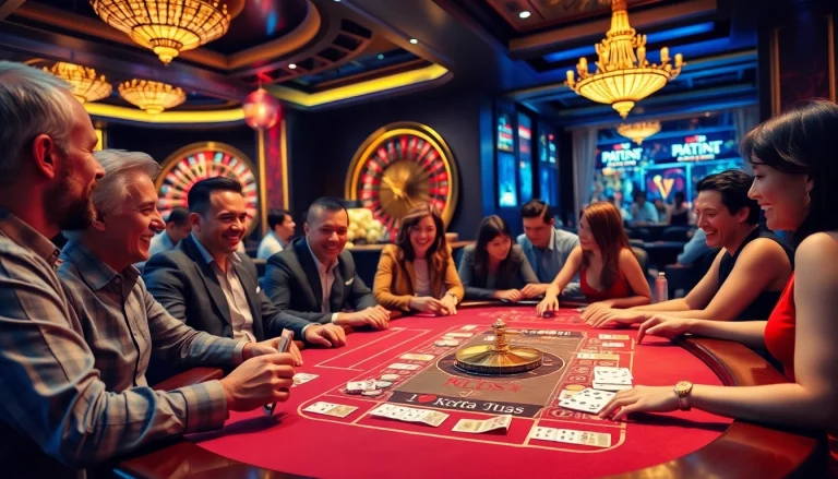 Exciting gaming scene showcasing a Nhà cái uy tín with cards, chips, and roulette.