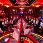 Engaging players at situs 11 enjoying a vibrant slot machine experience in a luxurious casino.