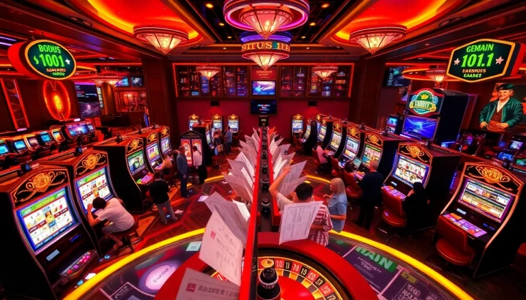 Engaging players at situs 11 enjoying a vibrant slot machine experience in a luxurious casino.