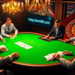 Play poker at BEM88.com, featuring intense gameplay with professional players and glamorous casino setup.