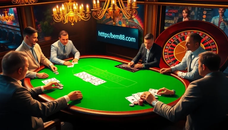 Play poker at BEM88.com, featuring intense gameplay with professional players and glamorous casino setup.