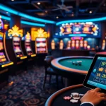 Action-packed Slot Online gaming environment with modern slot machines and digital devices.