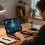 Engaging in tr88 game online with a laptop, showcasing focused gameplay and strategic notes.