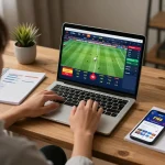 Engaging online sports betting experience with NHÀ CÁI F168 interface on laptop in a cozy home setting