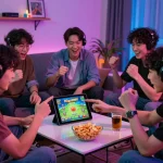 Engaged gamers enjoying the mega888 apk original download in a lively living room setting.