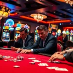 AT99 poker game in a luxurious casino, capturing the excitement and intensity of high-stakes play.