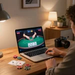 Player engaged in a poker game on f168.osaka, showcasing online gambling at home.