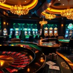 Exciting casino scene at 8kbet showcasing roulette tables, poker chips, and vibrant slot machines.