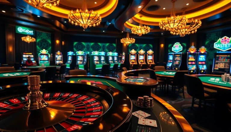 Exciting casino scene at 8kbet showcasing roulette tables, poker chips, and vibrant slot machines.