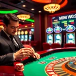 Experience the thrill of MM OO at a luxurious casino with roulette, poker chips, and vibrant slot machines.
