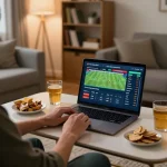 Tỷ lệ kèo nhà cái displayed on a laptop during an exciting online sports betting session at home.