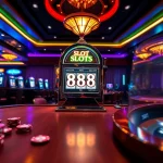 Pemandangan menarik yang menampilkan slot88 dengan cahaya cerah dan elemen kasino, menekankan kegembiraan dan kemenangan.