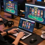 Player engaged with 100VIP online casino interface on laptop, showcasing a dynamic online gaming environment.