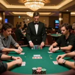 Players engaged in an intense 789bet poker game with dealer managing bets in an upscale casino.
