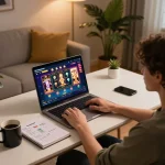gnk88 player engaging with online casino games on laptop, featuring vibrant screen interface and cozy home setting