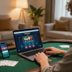 Engaged player using Go99 app on mobile device during online poker session.