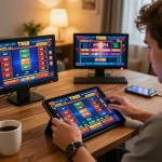Player enjoying the TR88 game on a tablet in a cozy home environment, showcasing vibrant online gambling activity.