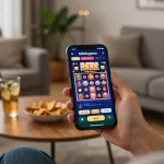 Player enjoying the 68wingame app on their phone, showcasing a vibrant slot machine interface.