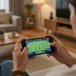 Pemain Bintangmpo terlibat dalam kegembiraan taruhan olahraga menggunakan smartphone di lingkungan rumah yang nyaman