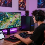 Player immersed in the immersive OMBAK77 gaming experience with vibrant graphics.