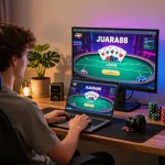 Engaging in an online session of JUARA88 LOGIN with a laptop displaying vivid poker game visuals.