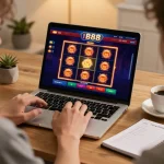 Engaging with slot88 resmi on a laptop during a cozy online gaming session, showcasing strategy notes and gaming interface.