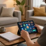 Player engaging with the god55 online casino app on a tablet in a cozy living room.
