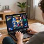 Player engaging in octaslot online gaming session at home showcasing the colorful interface