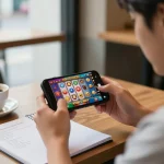 Engaged player enjoying an online slot malaysia game on their smartphone in a cozy café