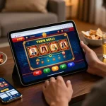Engaging home gaming scene with ta88 casino app displayed on tablet, suggesting strategic play and relaxed atmosphere